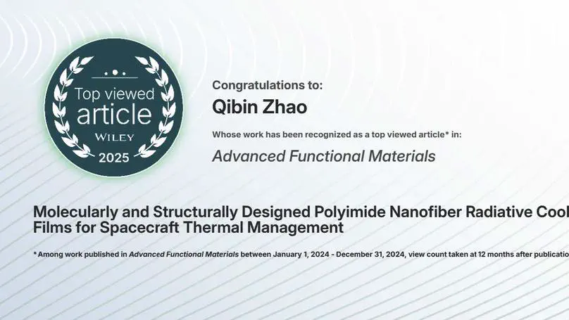 Our paper on PI radiative cooling for spacecraft thermal management has been recognized as a top viewed article in Advanced Functional Materials